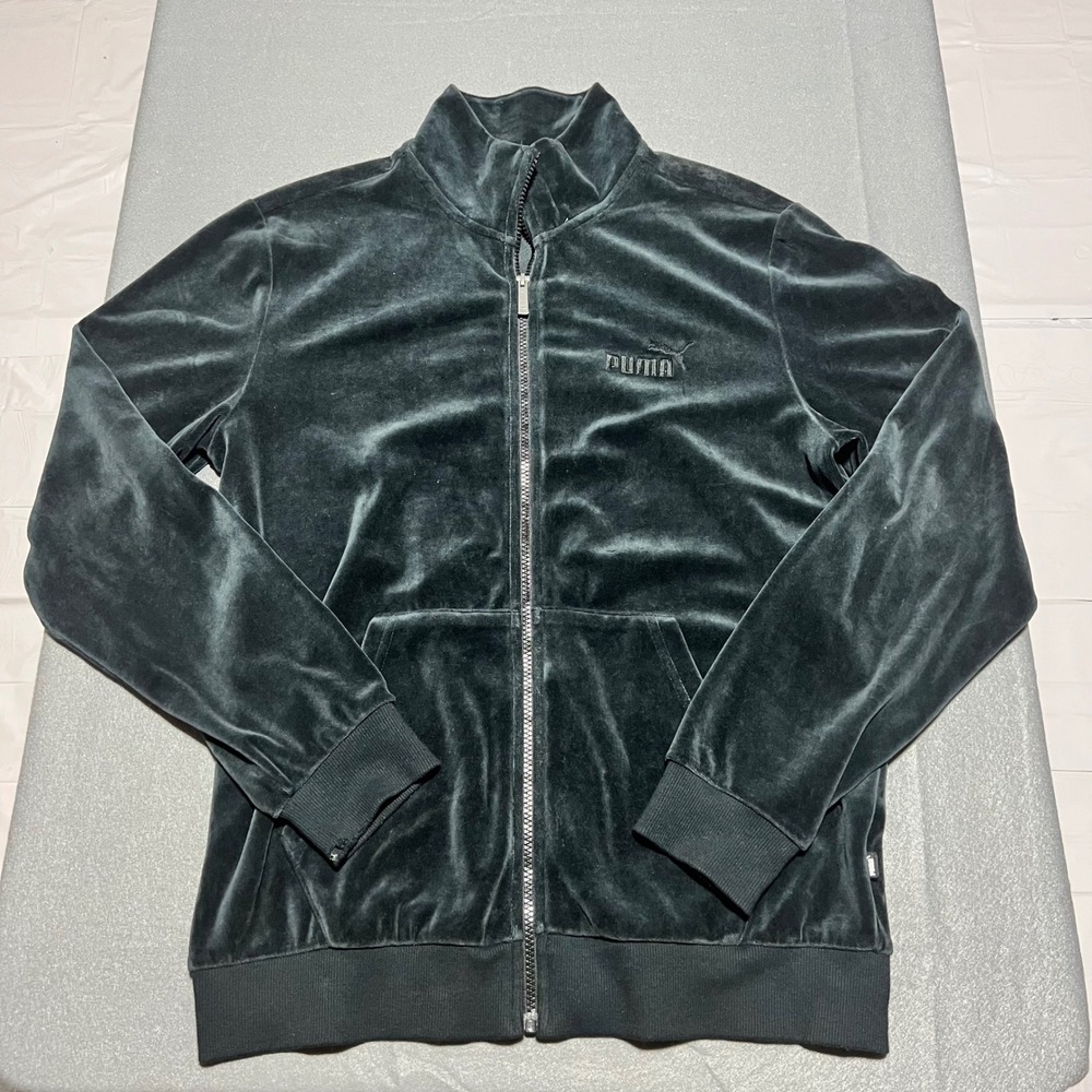 Puma Mens Velour Track Jacket Gray Full Zip Velvet Logo Sporty Size M